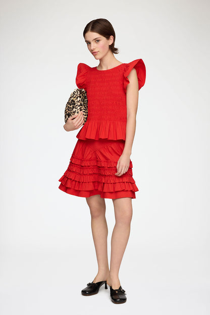 Ganni - Top - Rød - Angel Sleeve Smocked Top