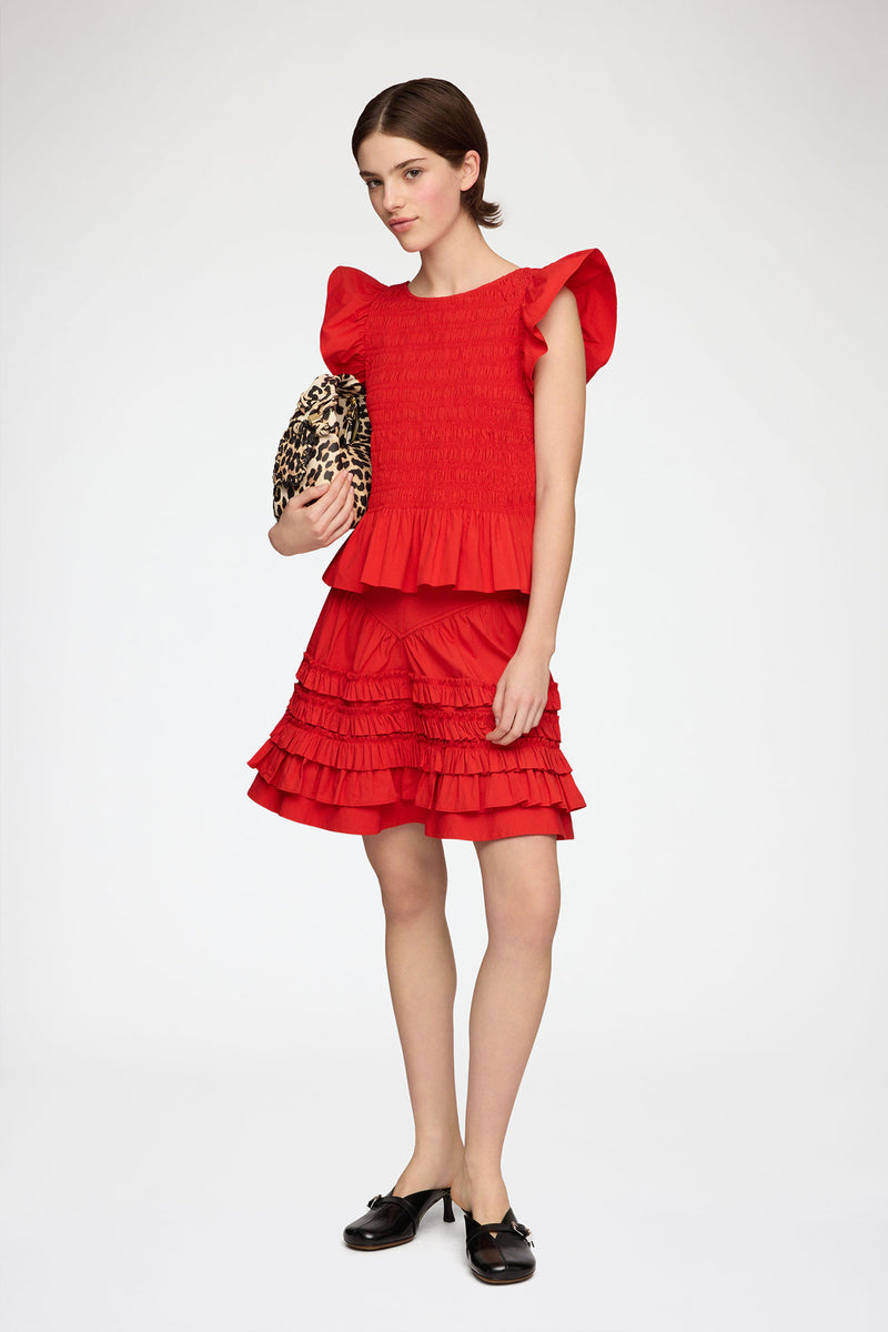 Ganni - Top - Rød - Angel Sleeve Smocked Top