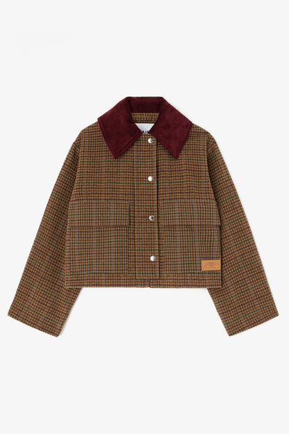 GANNI jakke i ternet twill i Multicolour med løs pasform, kontrastfarvet krave, knap- og lynlåslukning, praktiske forlommer og albuelapper packshot