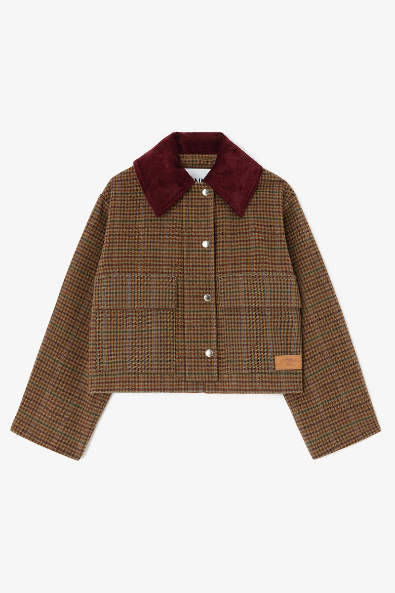 GANNI jakke i ternet twill i Multicolour med løs pasform, kontrastfarvet krave, knap- og lynlåslukning, praktiske forlommer og albuelapper packshot