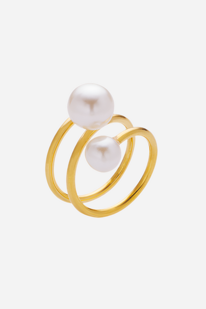 Guld ring med to store perler, 18 karat guldbelagt rustfrit stål, elegant design.