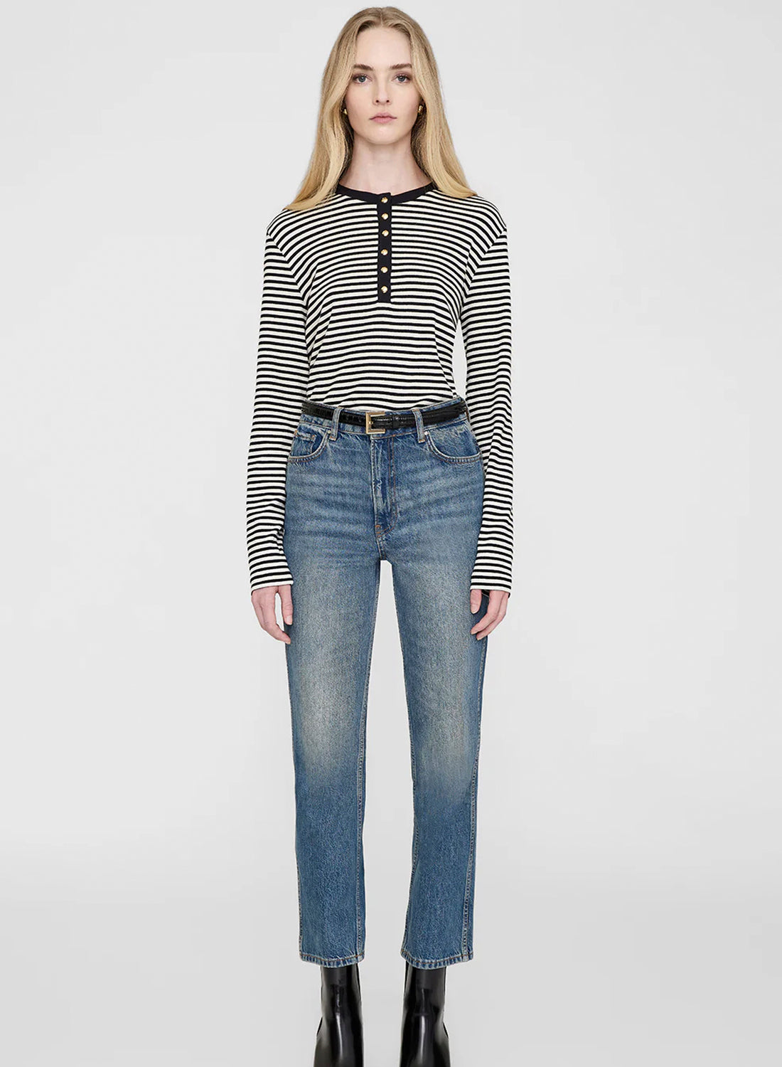 Anine Bing Alessia Long Sleeve Tee Cream And Black Stripe