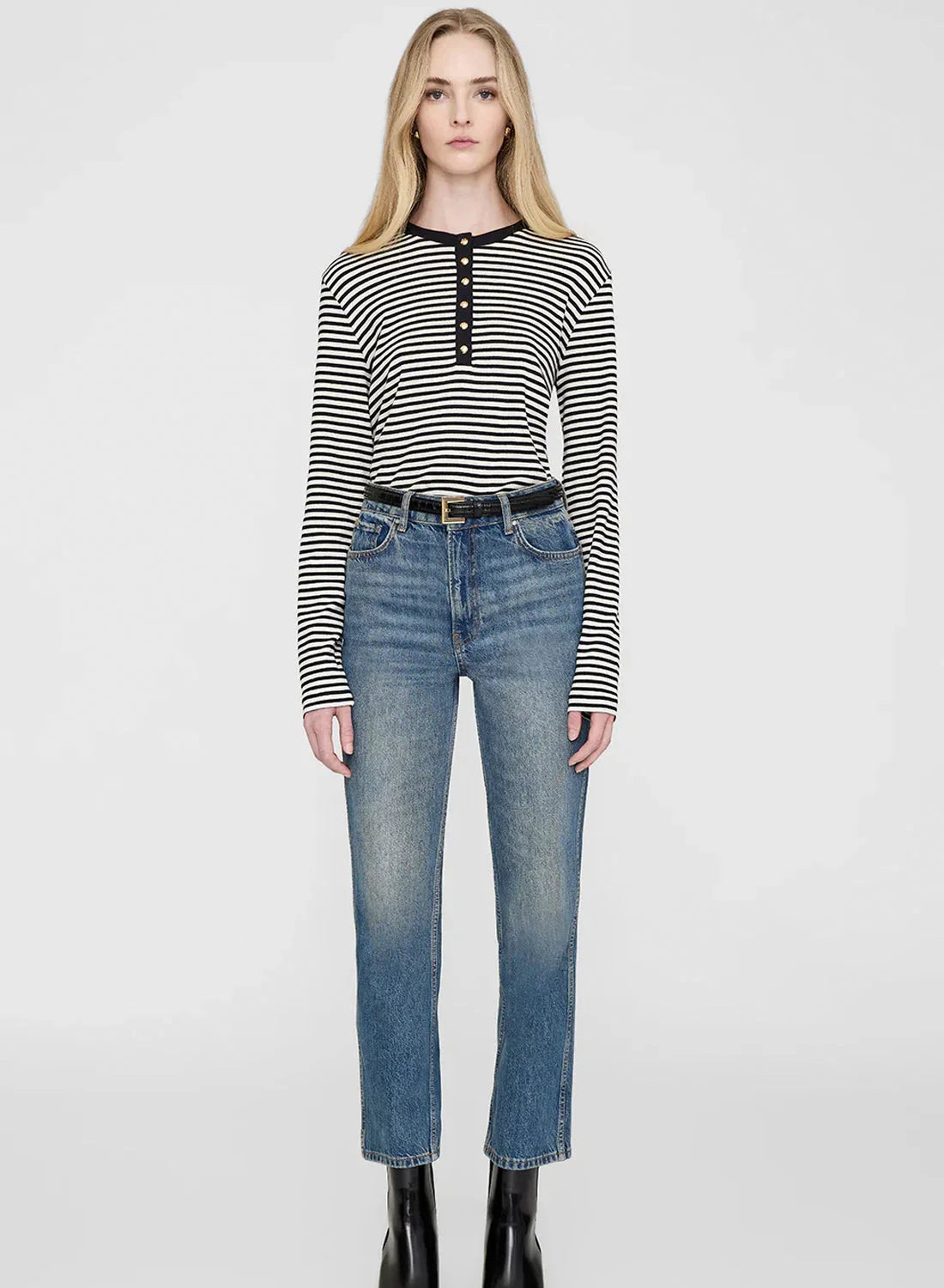 Anine Bing Alessia Long Sleeve Tee Cream And Black Stripe - Stilkompagniet.dk