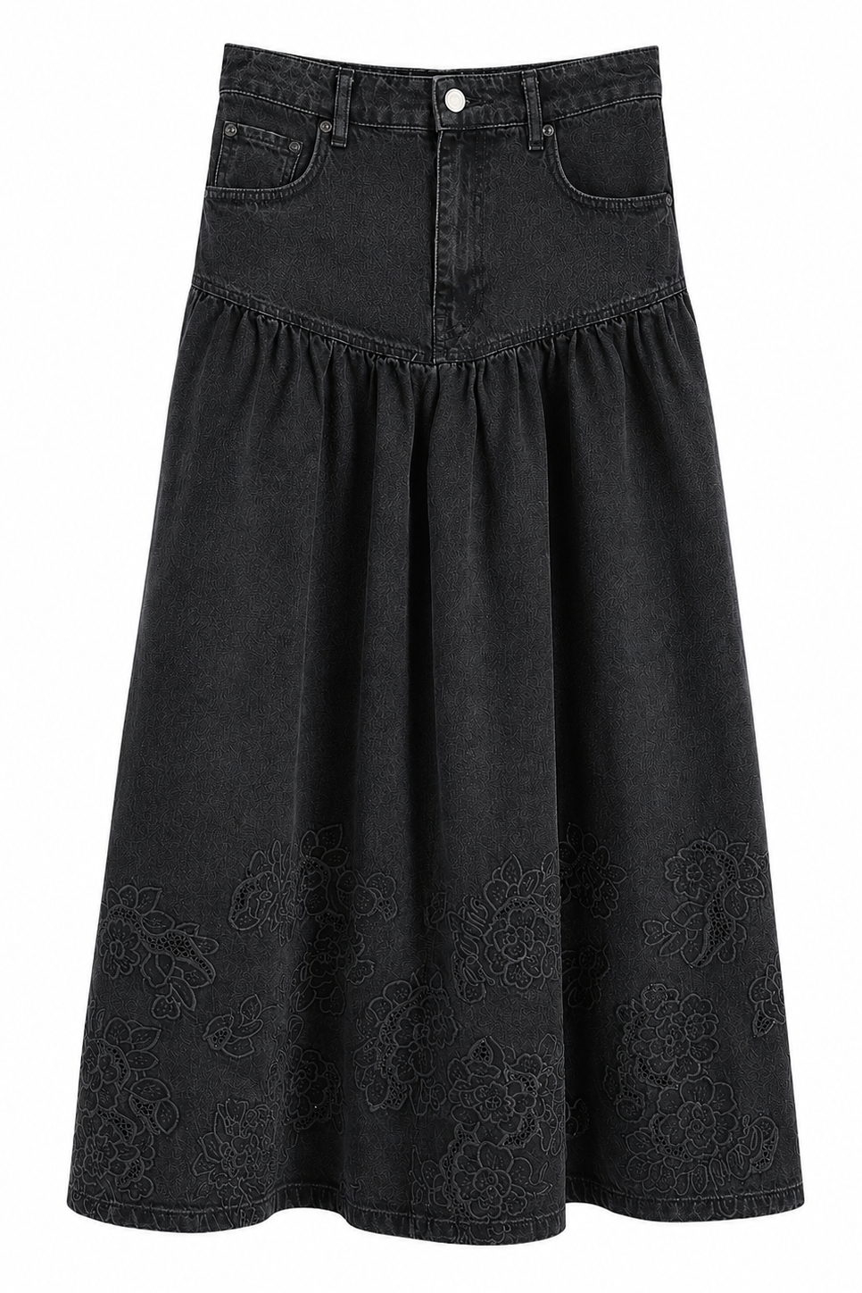 Ganni - Nederdel - Black - Broderie Anglaise Denim Midi Skirt