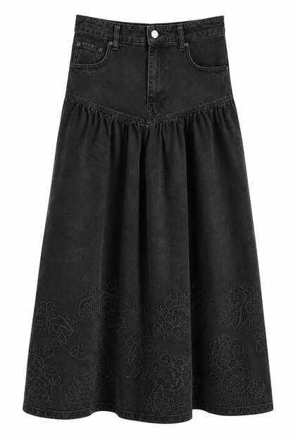 Ganni - Nederdel - Black - Broderie Anglaise Denim Midi Skirt