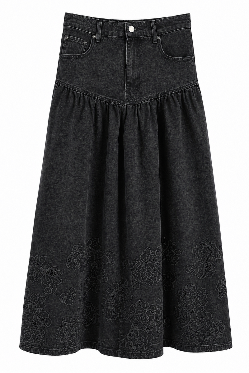 Ganni - Nederdel - Black - Broderie Anglaise Denim Midi Skirt