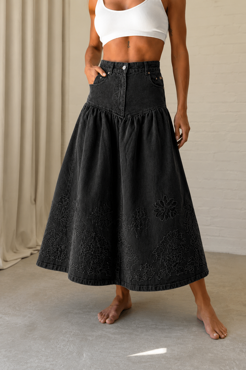 Ganni - Nederdel - Black - Broderie Anglaise Denim Midi Skirt