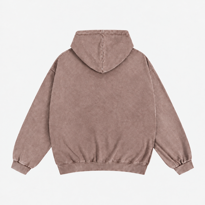 Carola sweatshirt fra The Collection i vasket brun med meleret effekt, oversized pasform, hætte, guldfarvet lynlås og lommer foran - Packshot bagfra
