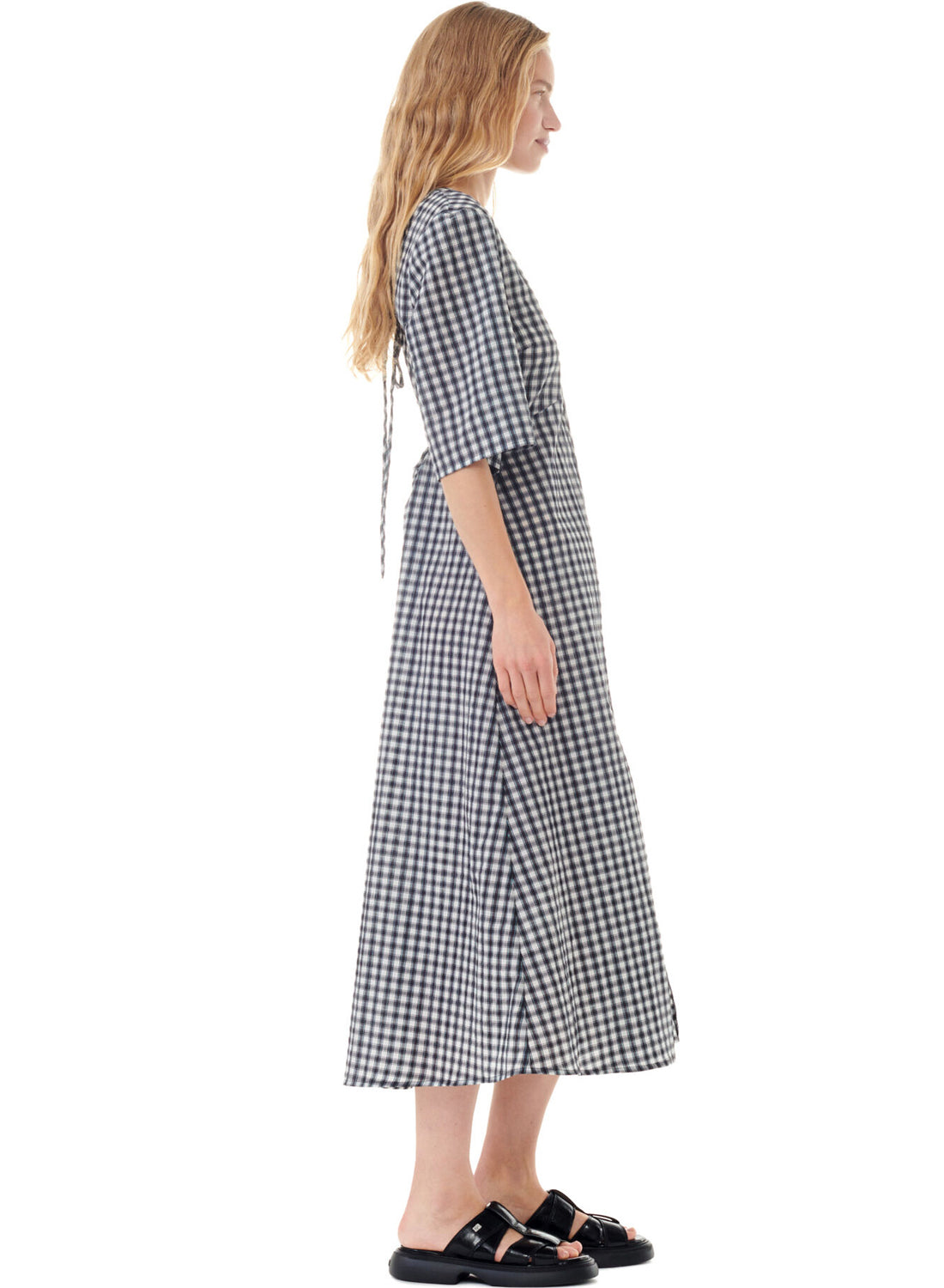 Ganni Seersucker Check V-neck Long Dress Egret