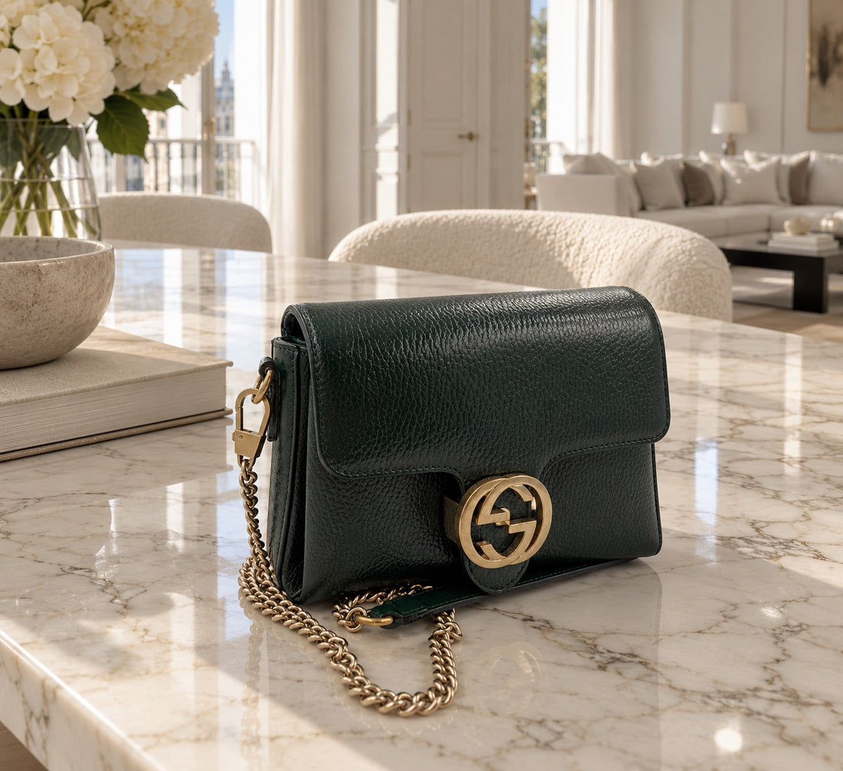 Gucci - Interlocking G Leather Shoulder Bag - mørkegrøn skuldertaske - secondhand