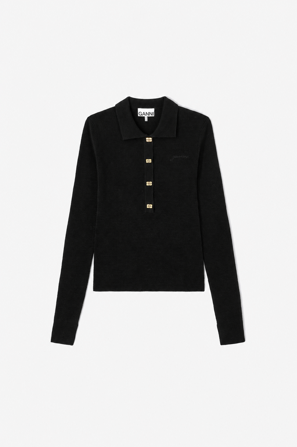 GANNI - Bluse - Sort - Sheer Wool Ribbed Polo