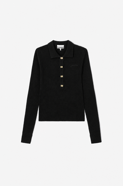 GANNI - Bluse - Sort - Sheer Wool Ribbed Polo