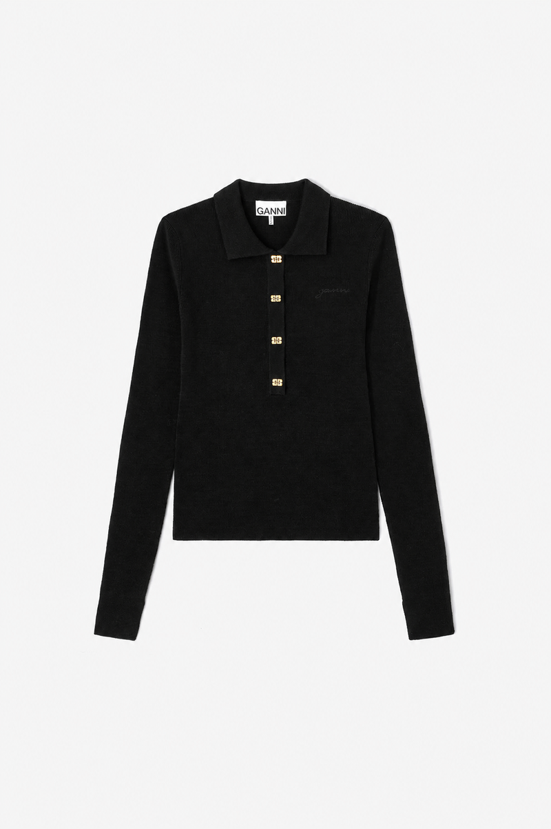 GANNI - Bluse - Sort - Sheer Wool Ribbed Polo