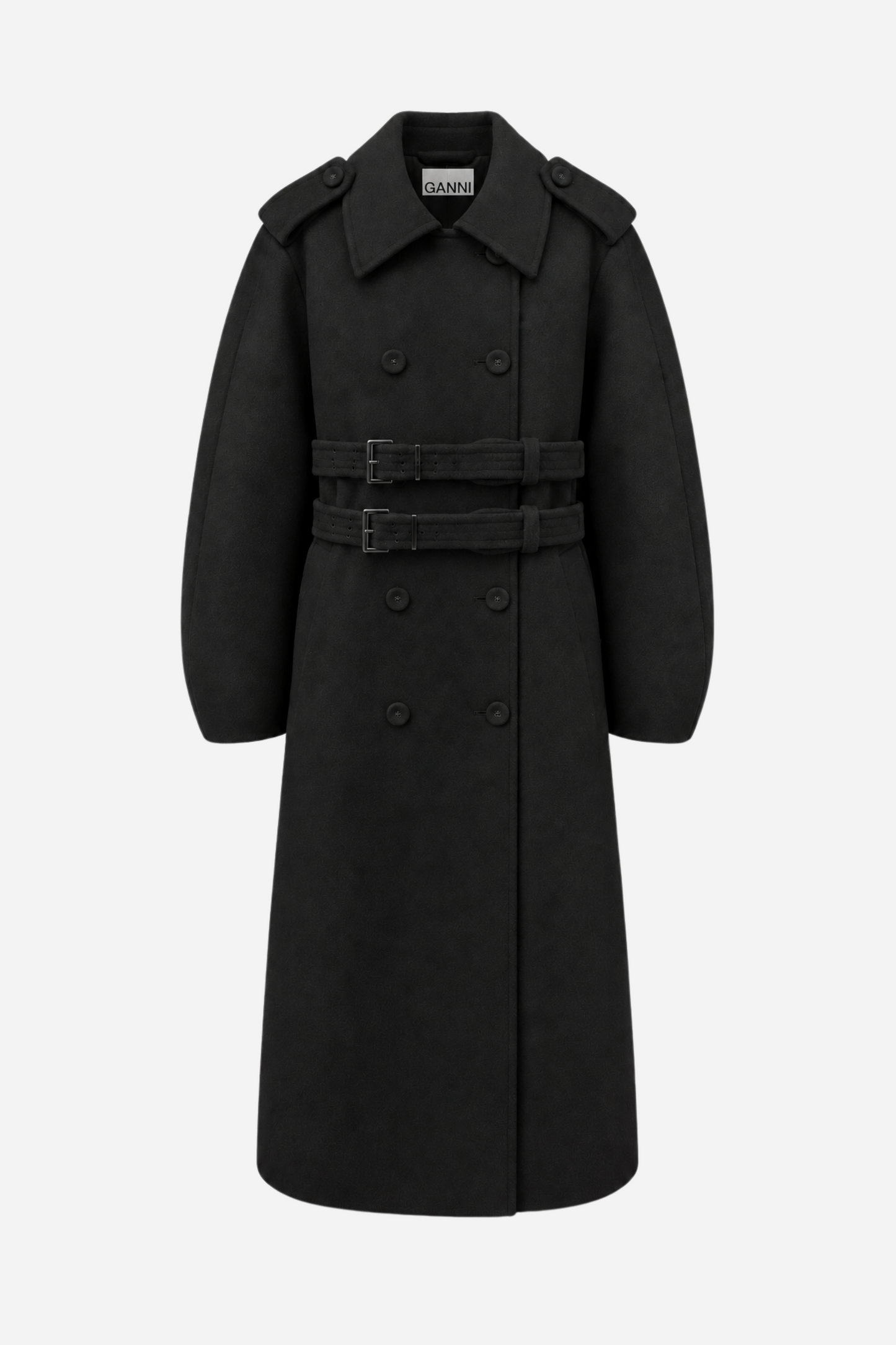 Splittable Wool Trench Coat fra Ganni i sort forfra
