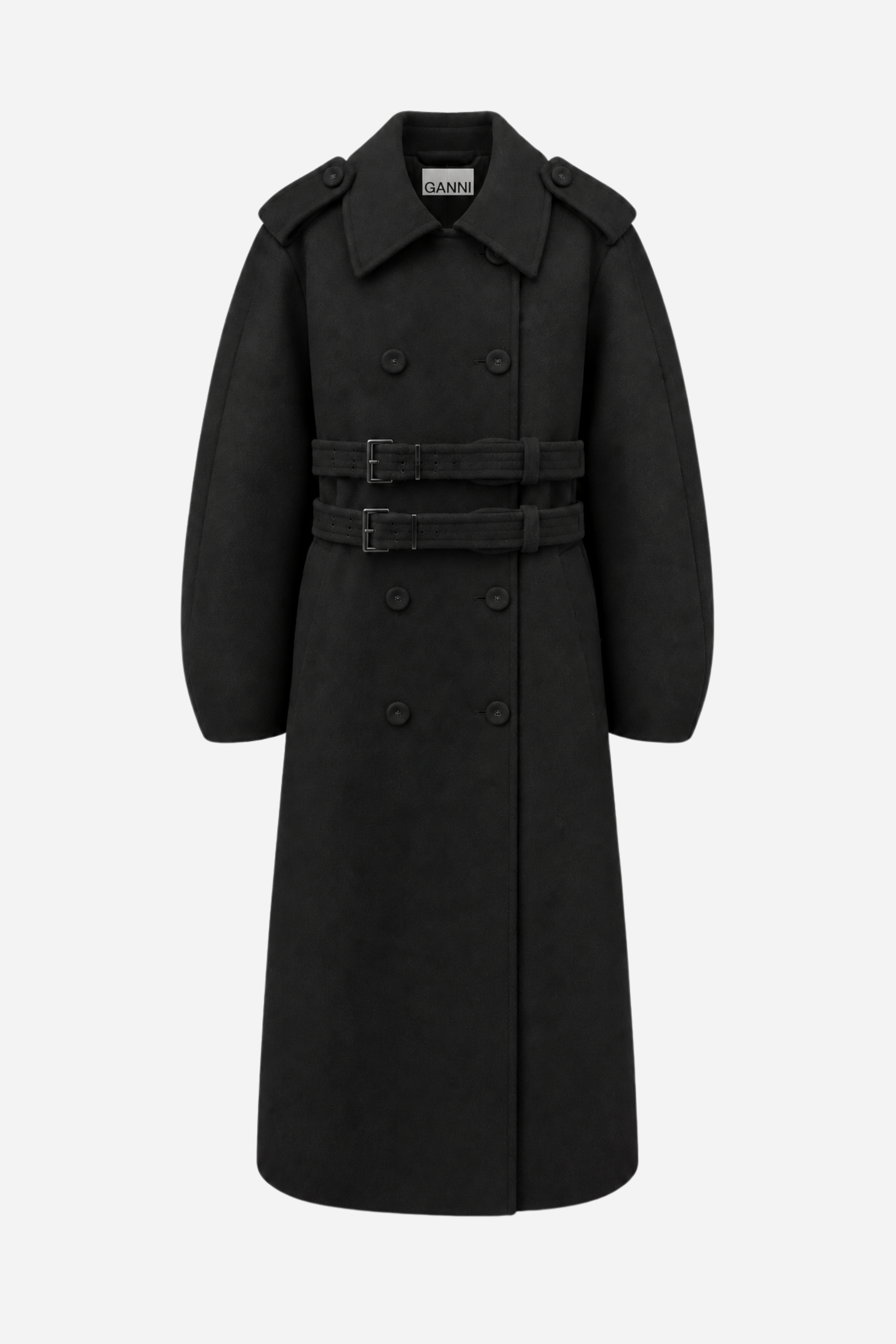 Splittable Wool Trench Coat fra Ganni i sort forfra