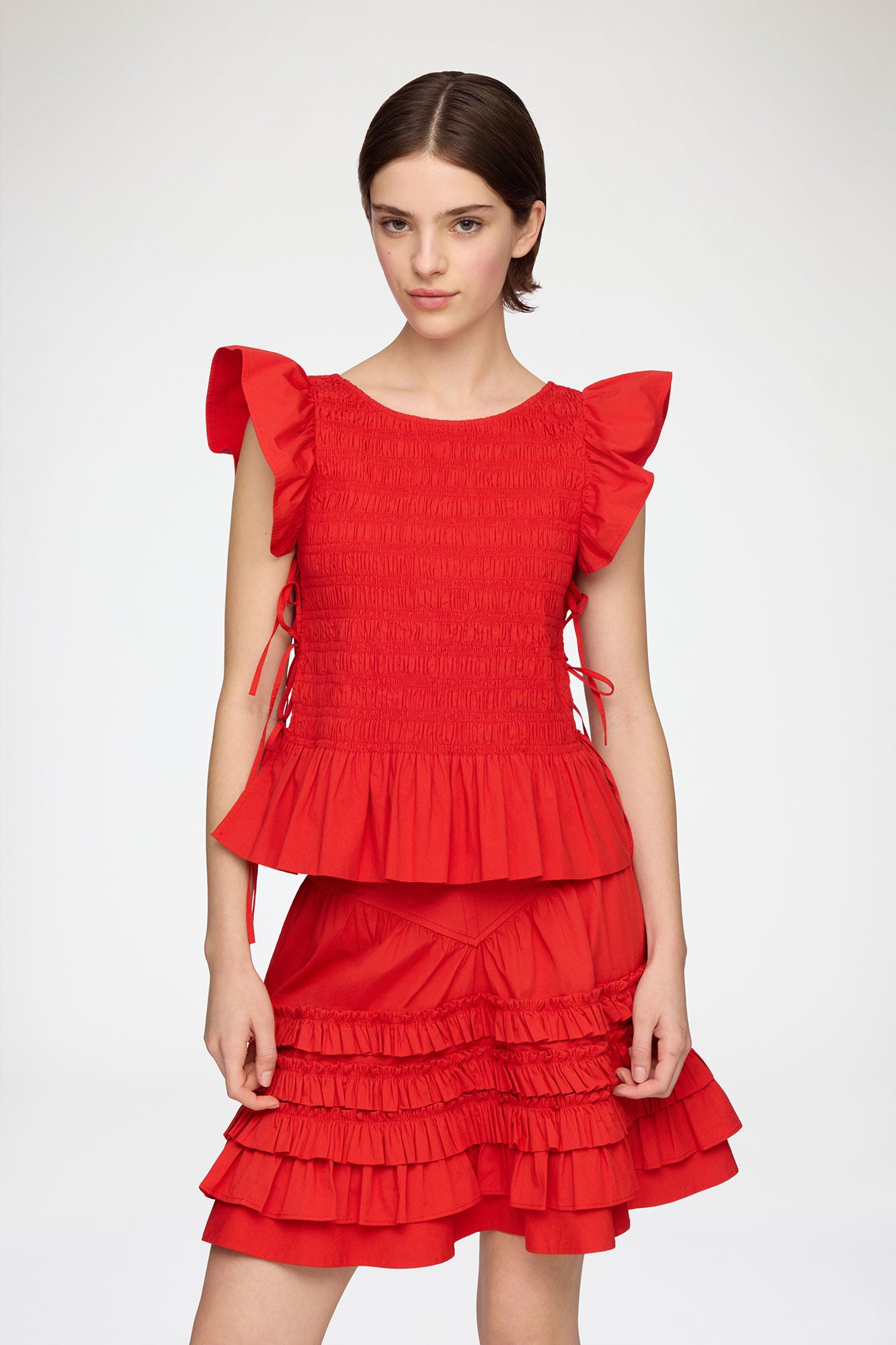Ganni - Top - Rød - Angel Sleeve Smocked Top