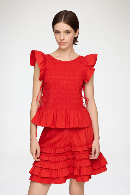 Ganni - Top - Rød - Angel Sleeve Smocked Top