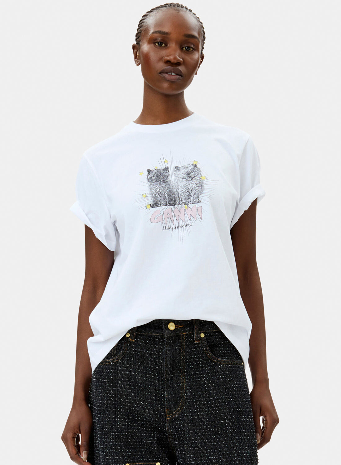 Ganni Basic Jersey Kittens Relaxed T-shirt Bright White