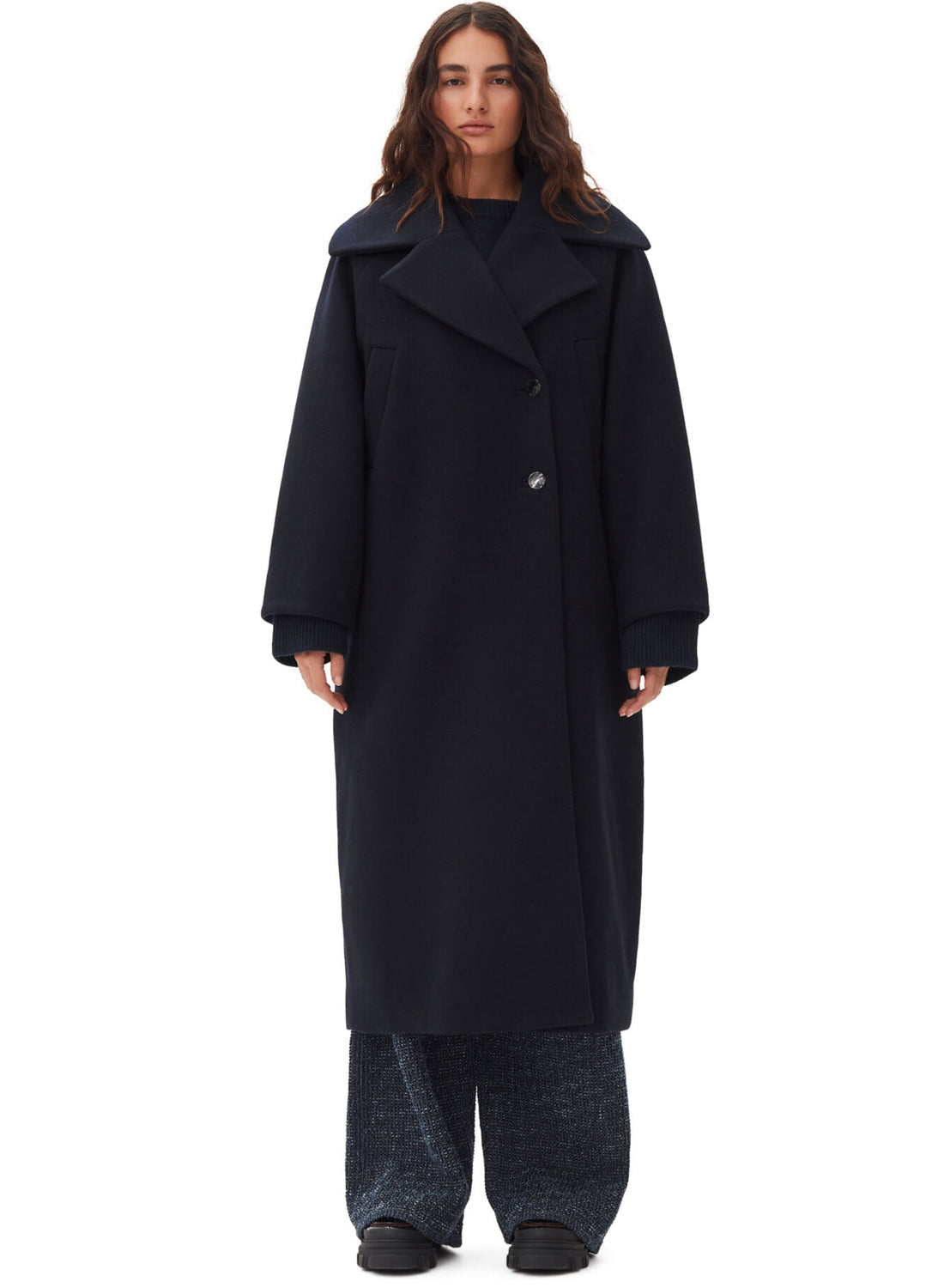 Ganni Boiled Wool Large Collar Coat Sky Captain