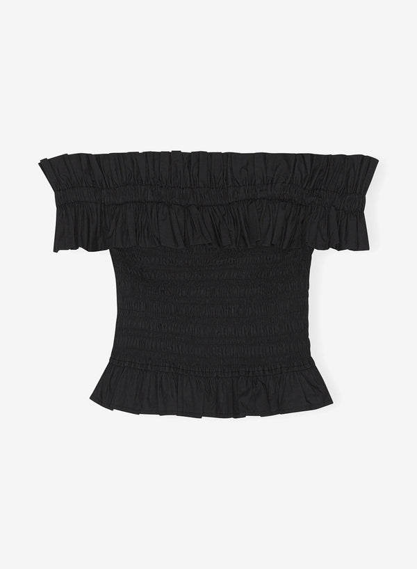 Ganni Cotton Poplin Off-Shoulder Smock Top Black