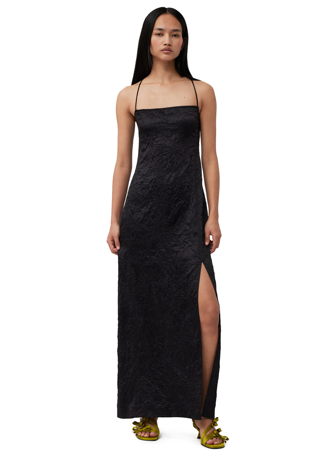 Ganni Crinkled Satin Midi Slip Dress Black