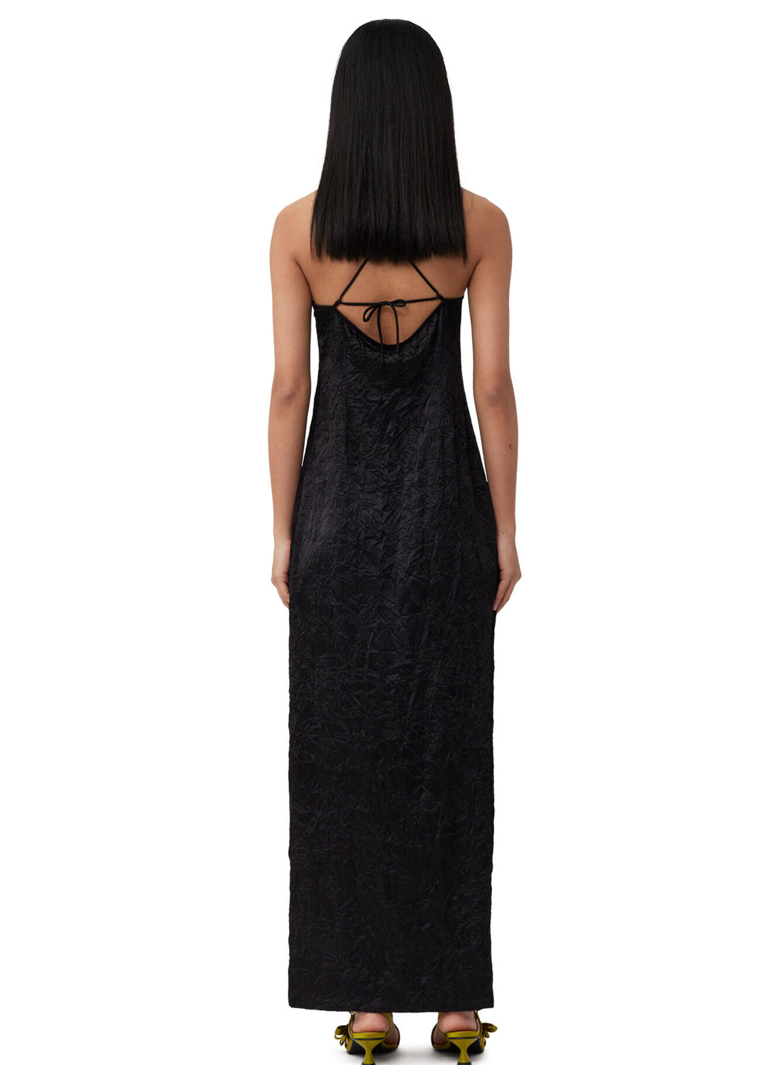 Ganni Crinkled Satin Midi Slip Dress Black