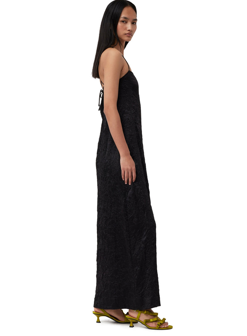 Ganni Crinkled Satin Midi Slip Dress Black