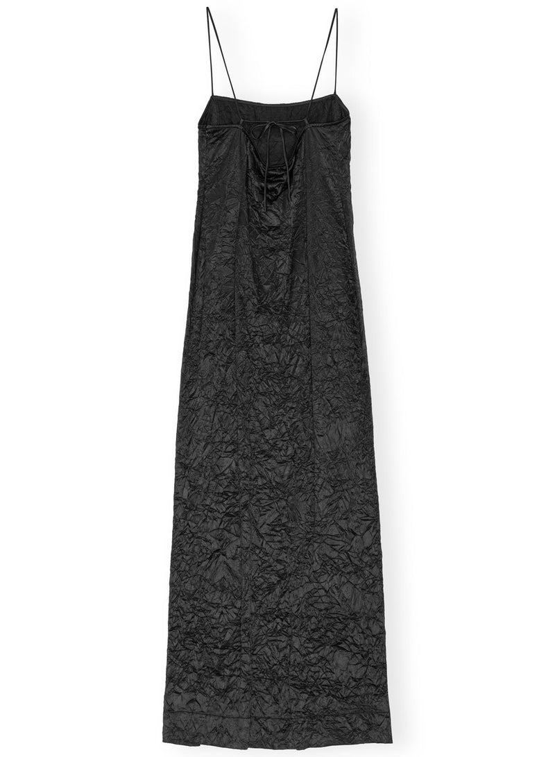 Ganni Crinkled Satin Midi Slip Dress Black