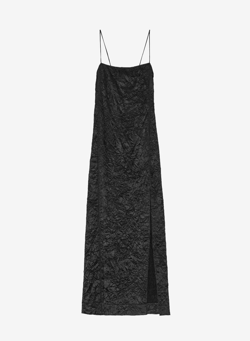 Ganni Crinkled Satin Midi Slip Dress Black