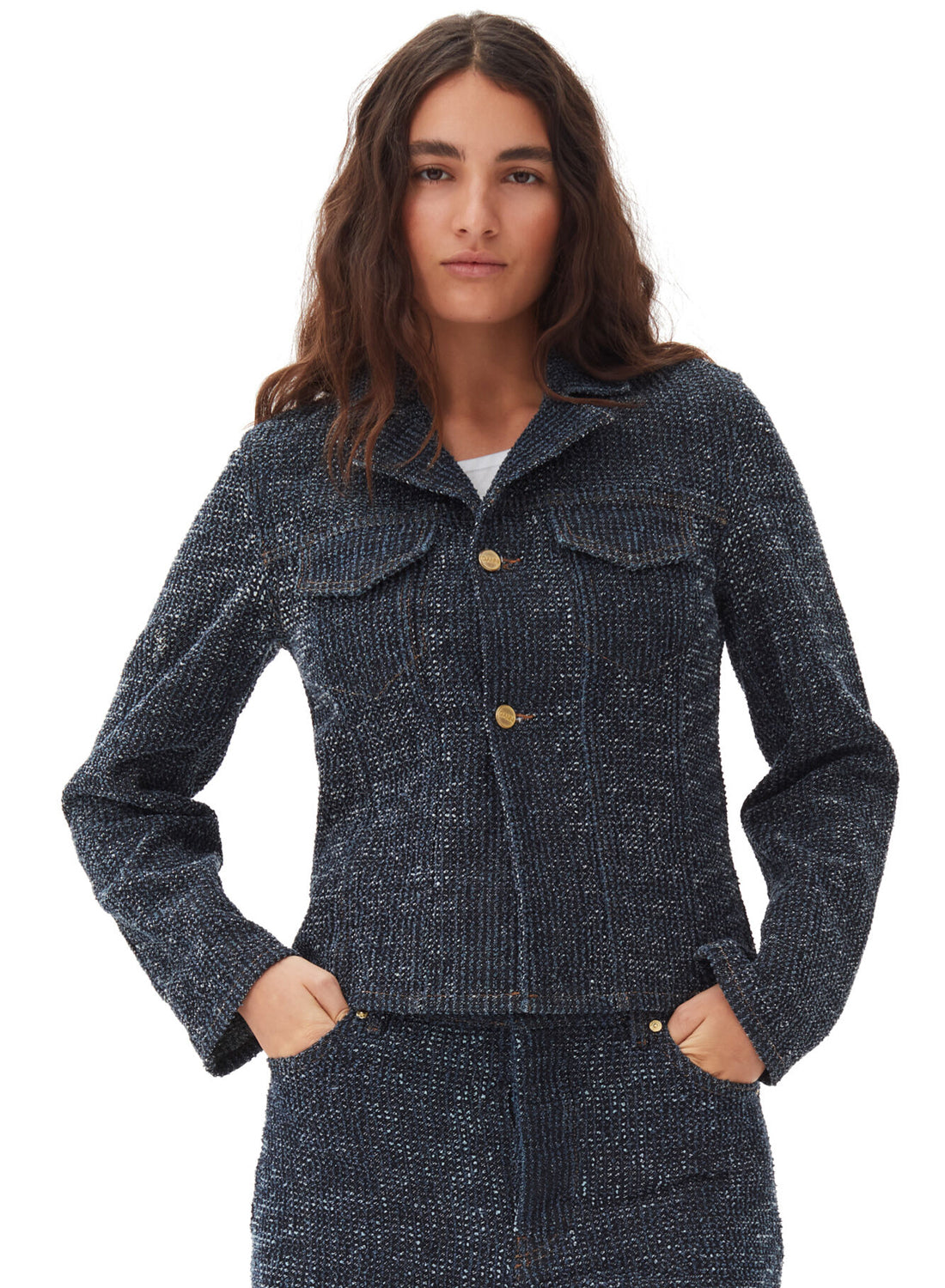 Ganni Fluffy Denim Fitted Blazer Rinse