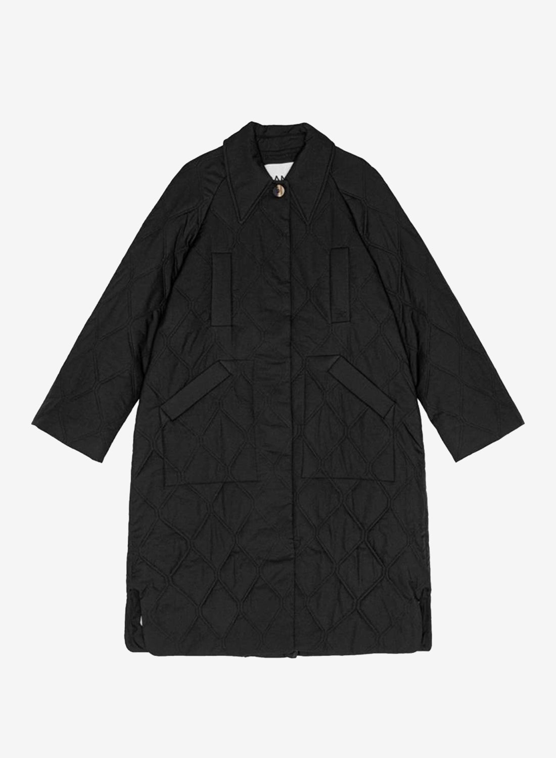 Ganni Quilt Raglan Midi Coat Black