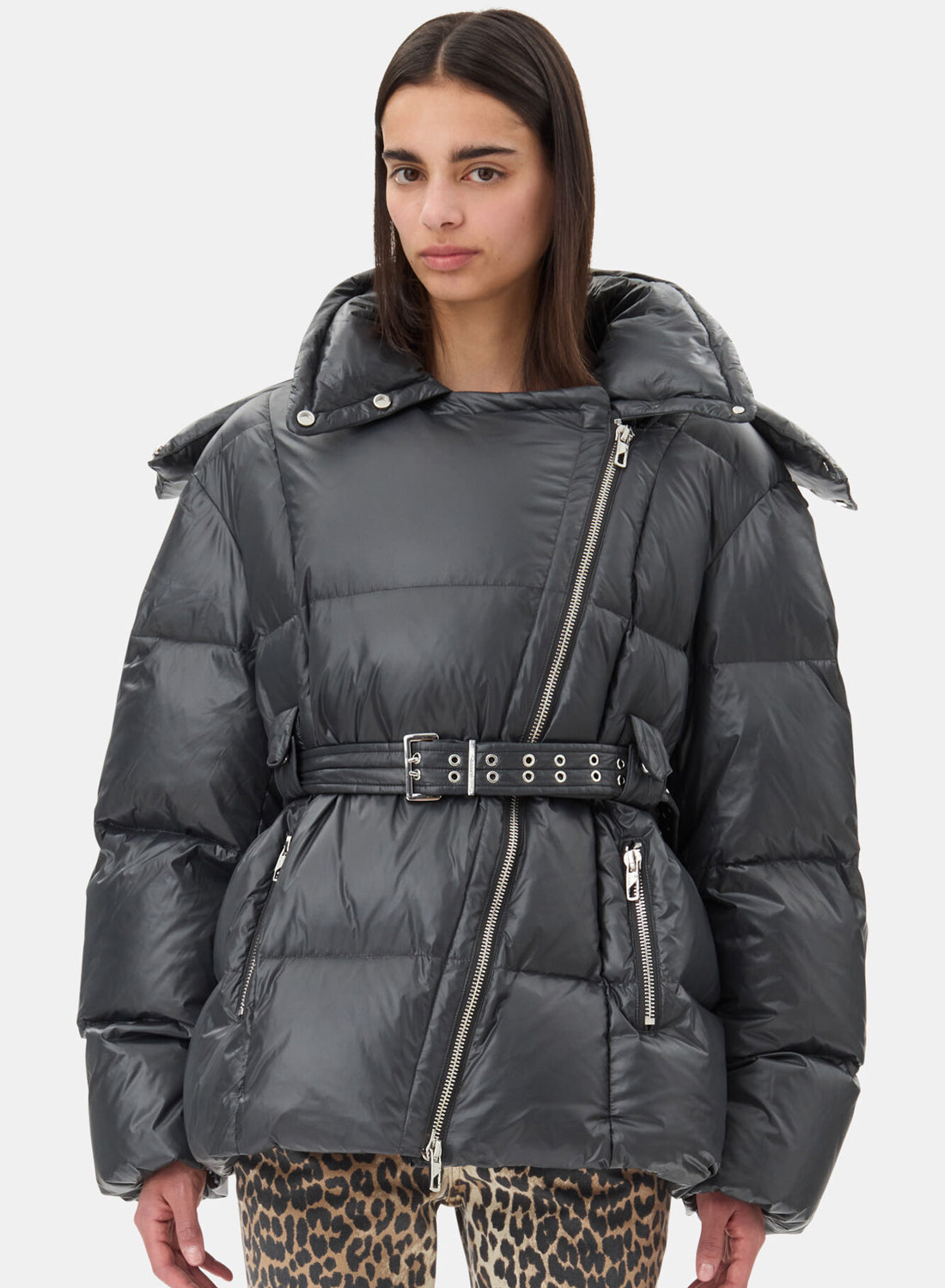 Ganni Shiny Nylon Puffer Jacket Black Sand