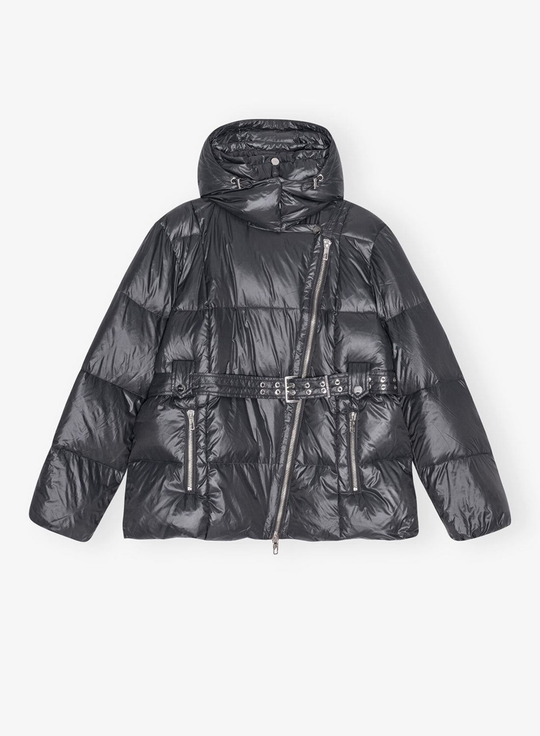 Ganni Shiny Nylon Puffer Jacket Black Sand