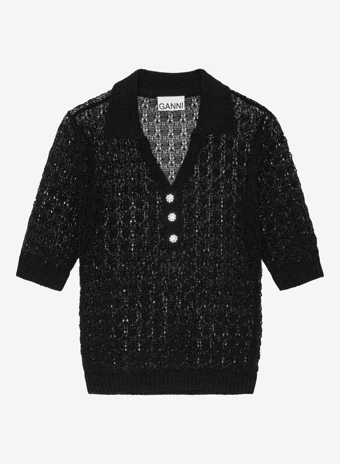 Ganni Shiny Pointelle Knit Short Sleeve Polo Black