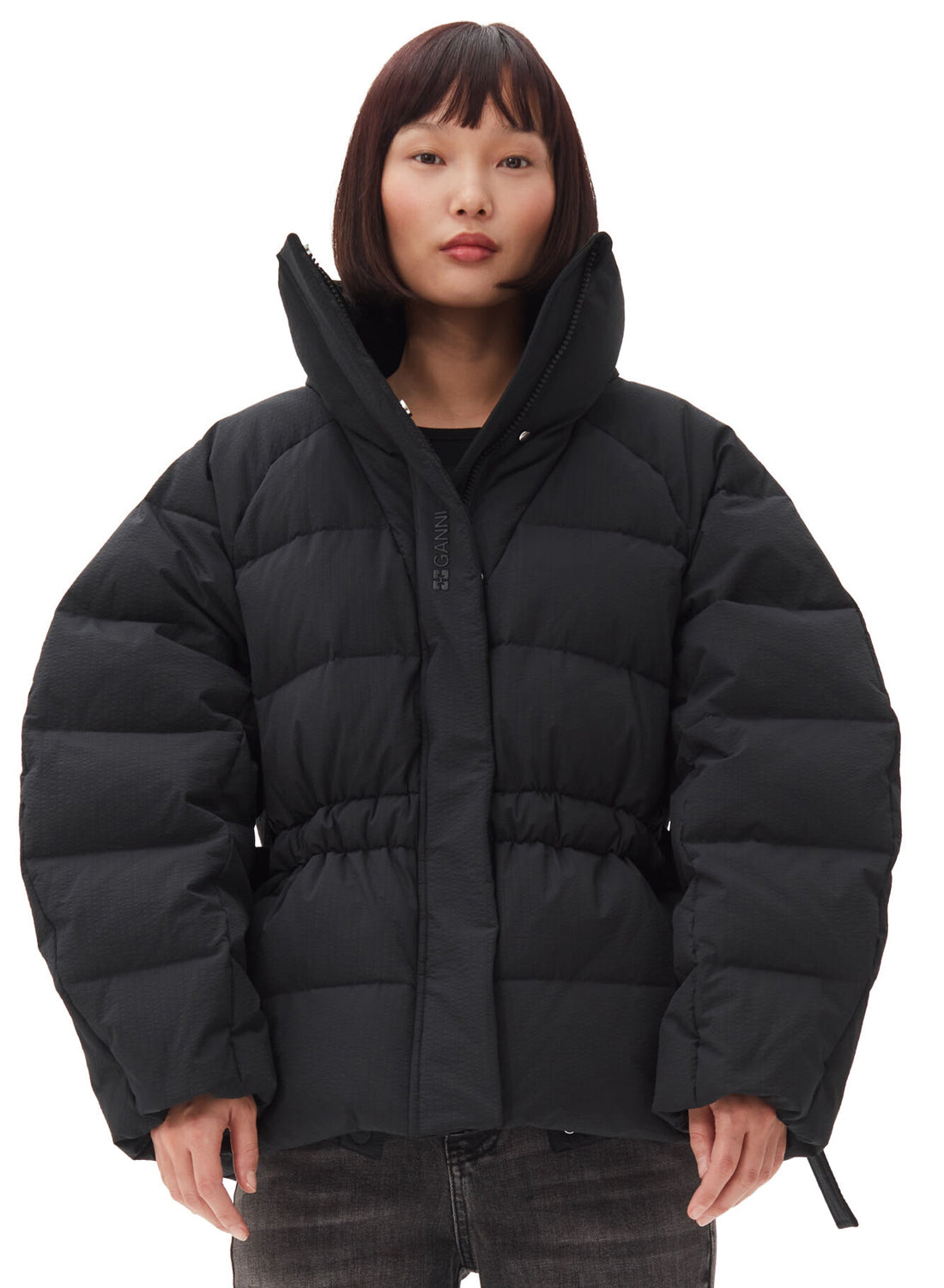 Ganni Tech Seersucker Oversized Puffer Jacket Black