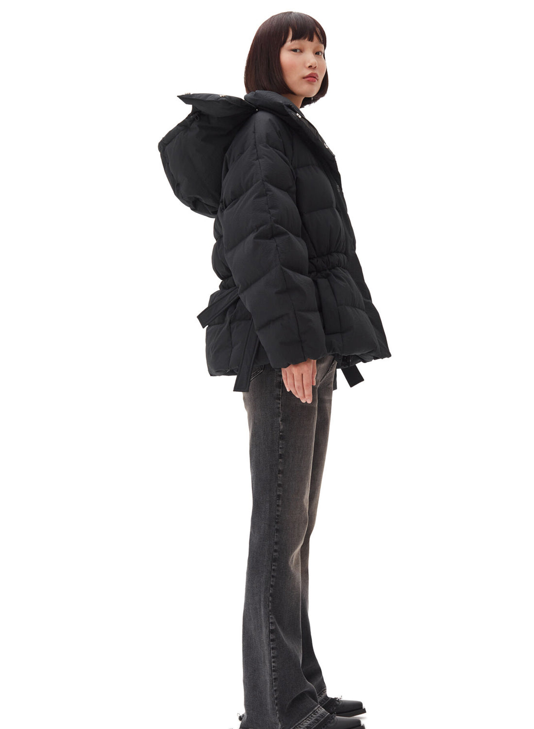 Ganni Tech Seersucker Oversized Puffer Jacket Black