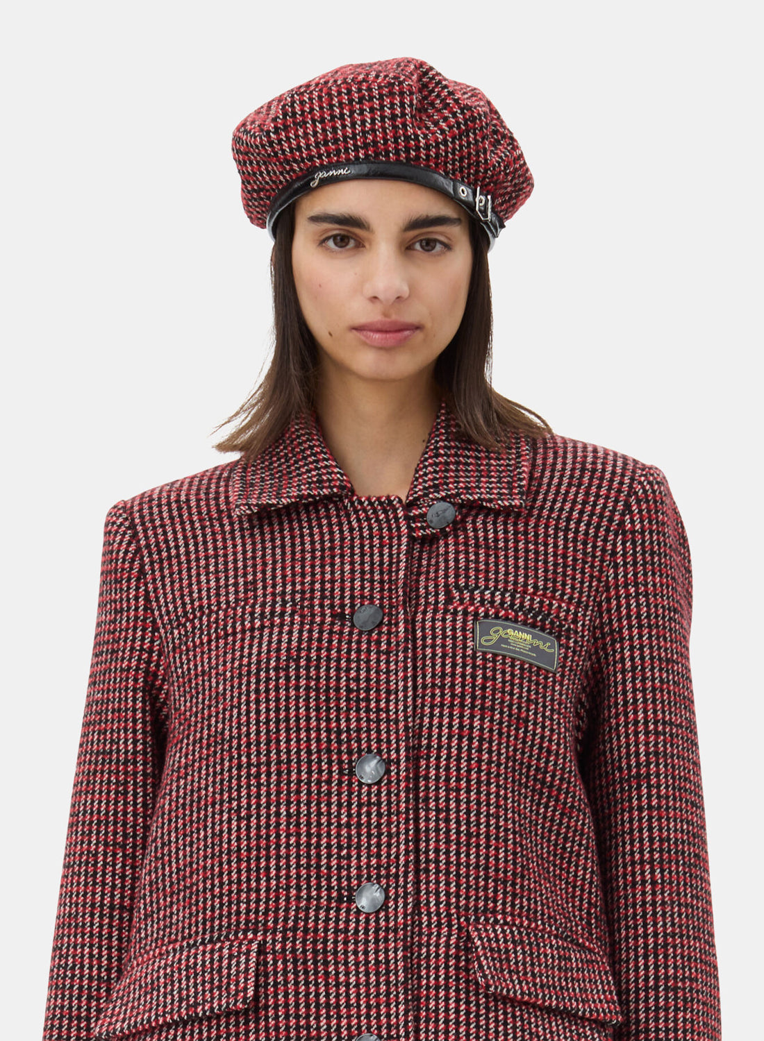 Ganni Woven Beret Check Racing Red