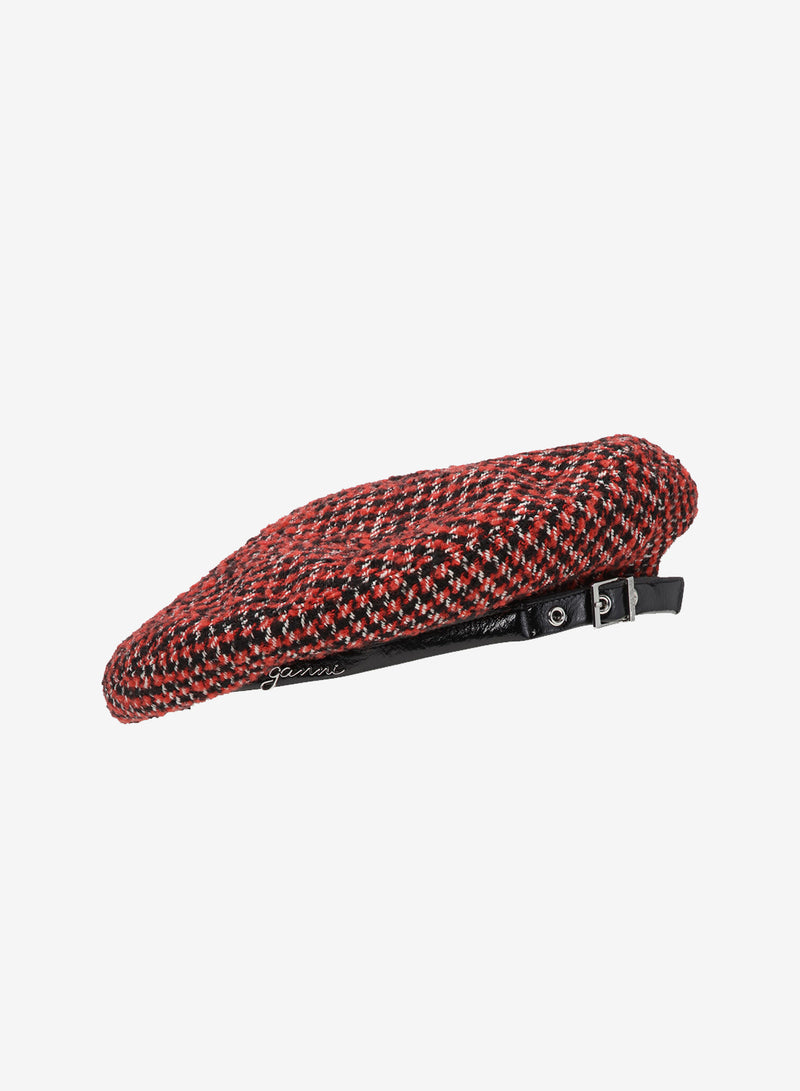 Ganni Woven Beret Check Racing Red