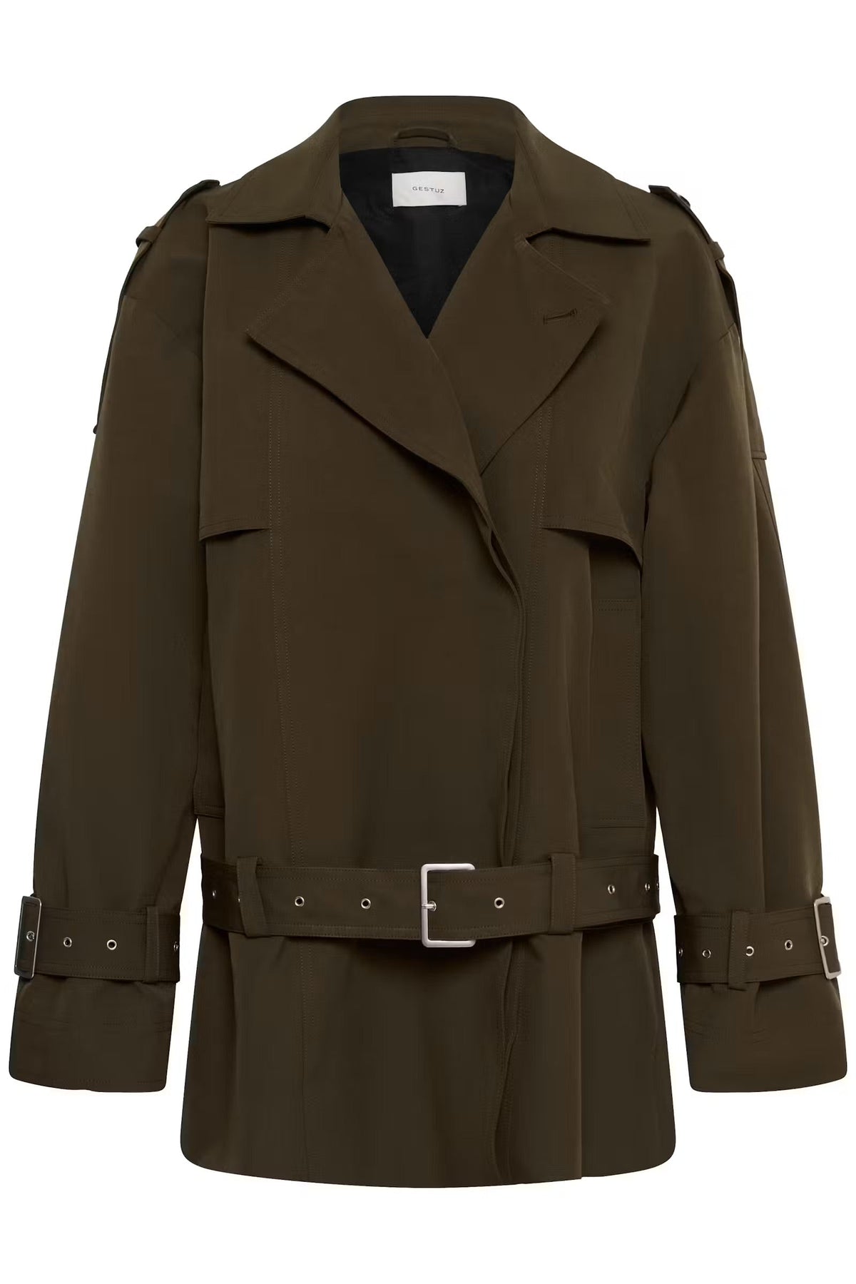 Trenchcoat der hedder Cherally i farven Slate Black fra Gestuz forfra