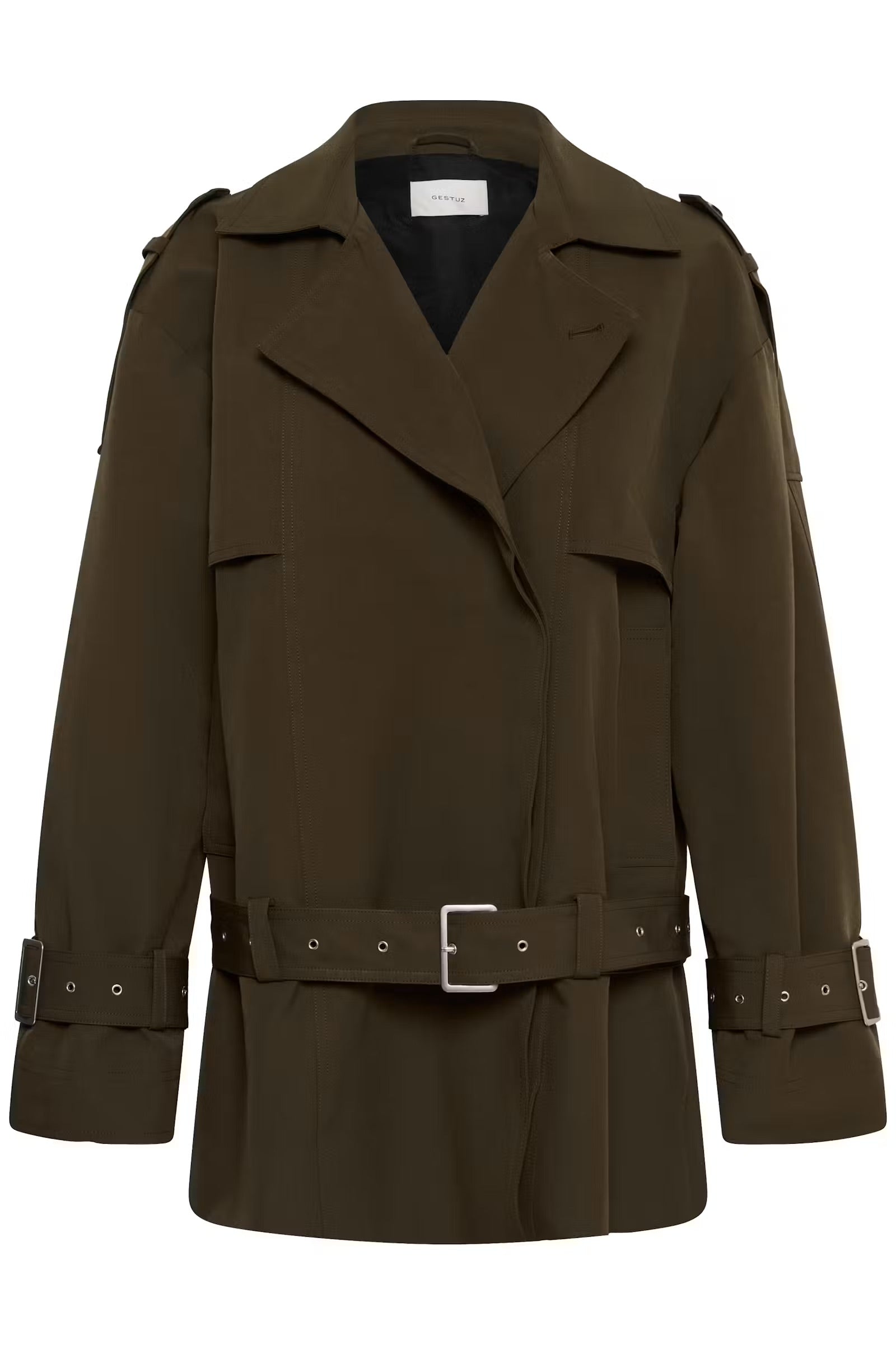 Trenchcoat der hedder Cherally i farven Slate Black fra Gestuz forfra