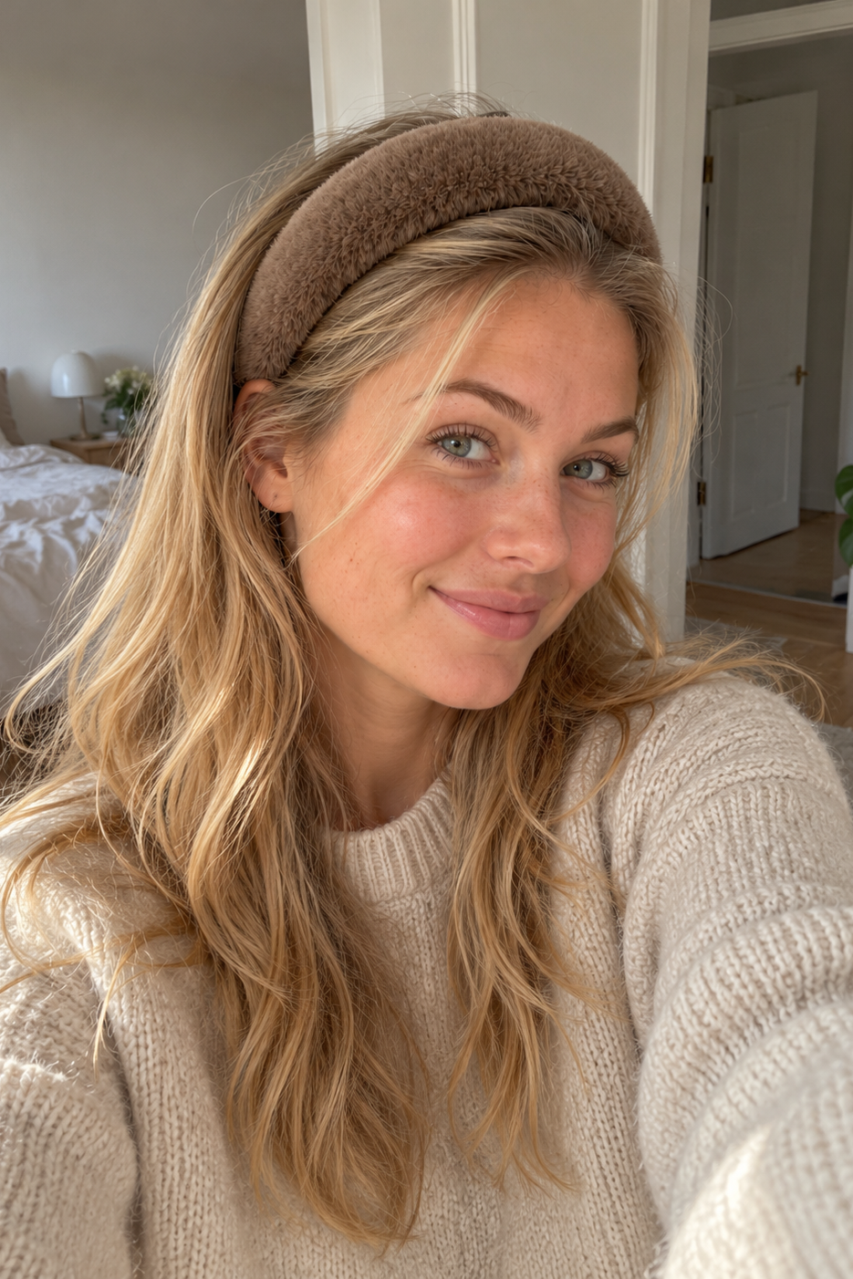 Ung blond kvinde med brun Suri hårbøjle i blød imiteret pels fra Andcopenhagen. Naturligt hverdagslook med lys striktrøje