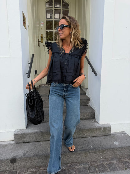 Ganni - Bluse - Sort - Light Linen Angel Sleeve Blouse