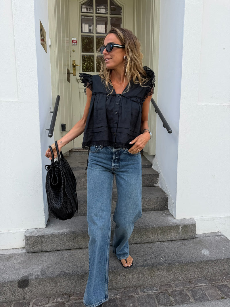 Ganni - Bluse - Sort - Light Linen Angel Sleeve Blouse