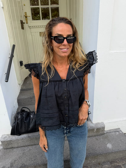 Ganni - Bluse - Sort - Light Linen Angel Sleeve Blouse
