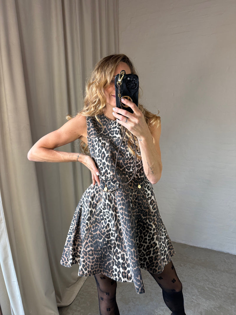 Ganni - Kjole - Almond Milk - Denim Flounce Leopard kjole