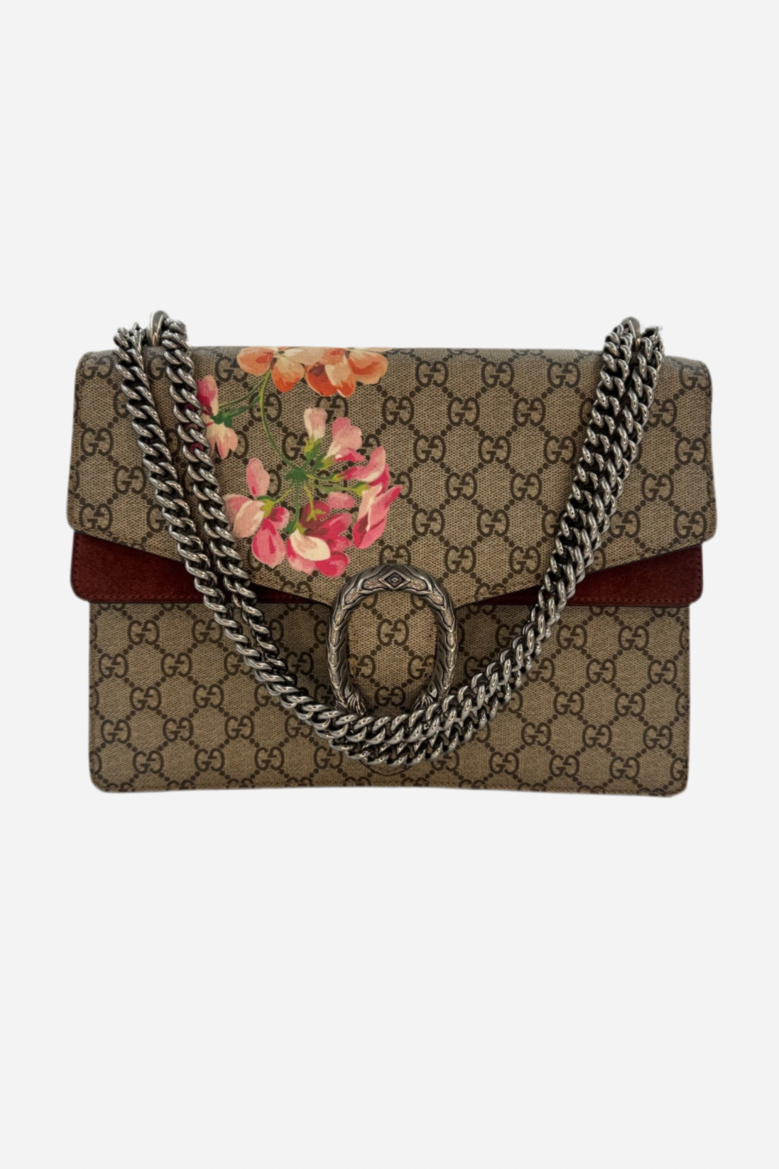 Gucci skuldertaske med blomsterprint, monogram baggrund, metalspænde og kæderem.