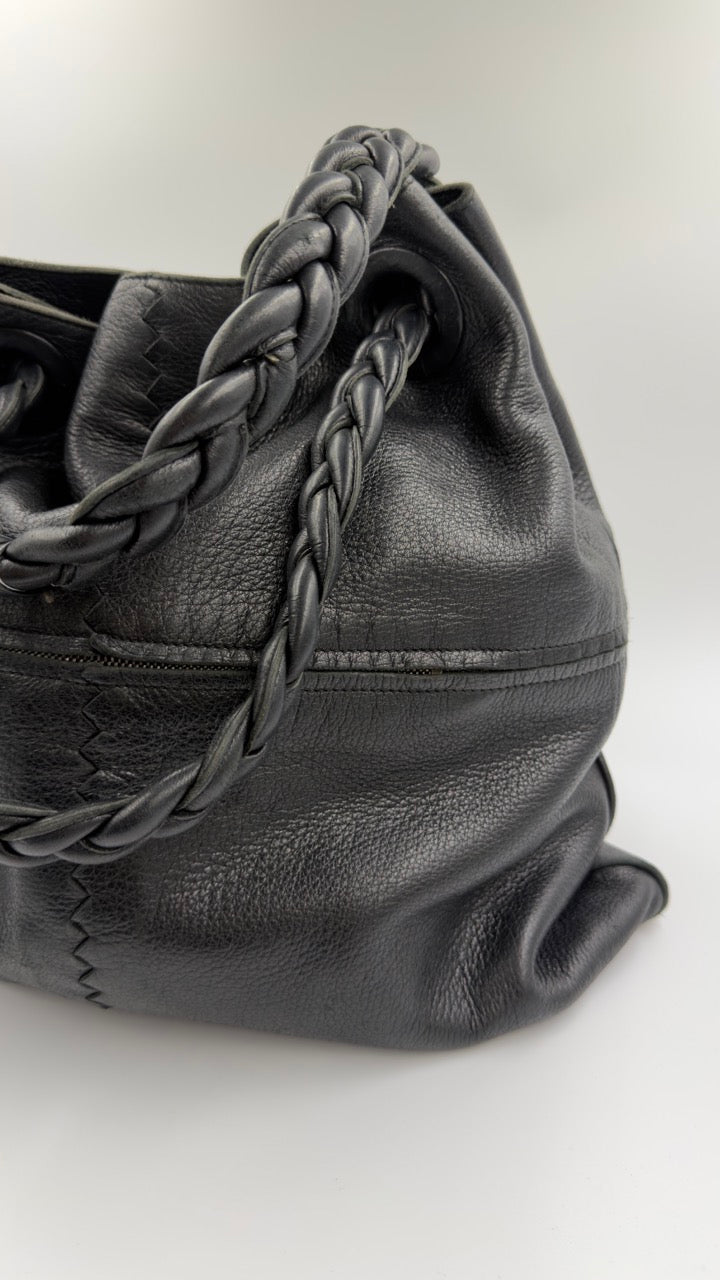 Bottega Veneta - Braided Handle Leather Tote - sort skuldertaske - secondhand