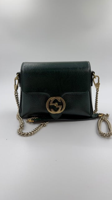 Gucci - Interlocking G Leather Shoulder Bag - mørkegrøn skuldertaske - secondhand