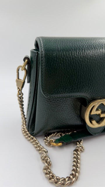 Gucci - Interlocking G Leather Shoulder Bag - mørkegrøn skuldertaske - secondhand