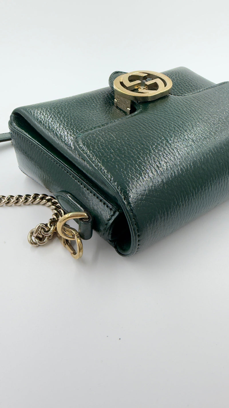 Gucci - Interlocking G Leather Shoulder Bag - mørkegrøn skuldertaske - secondhand
